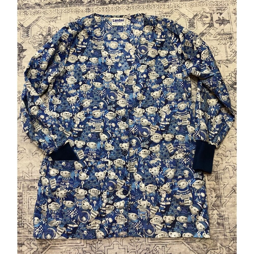 Landau Womens Teddy Bear Print Scrub Jacket Small Button‎ Front Blue Christmas